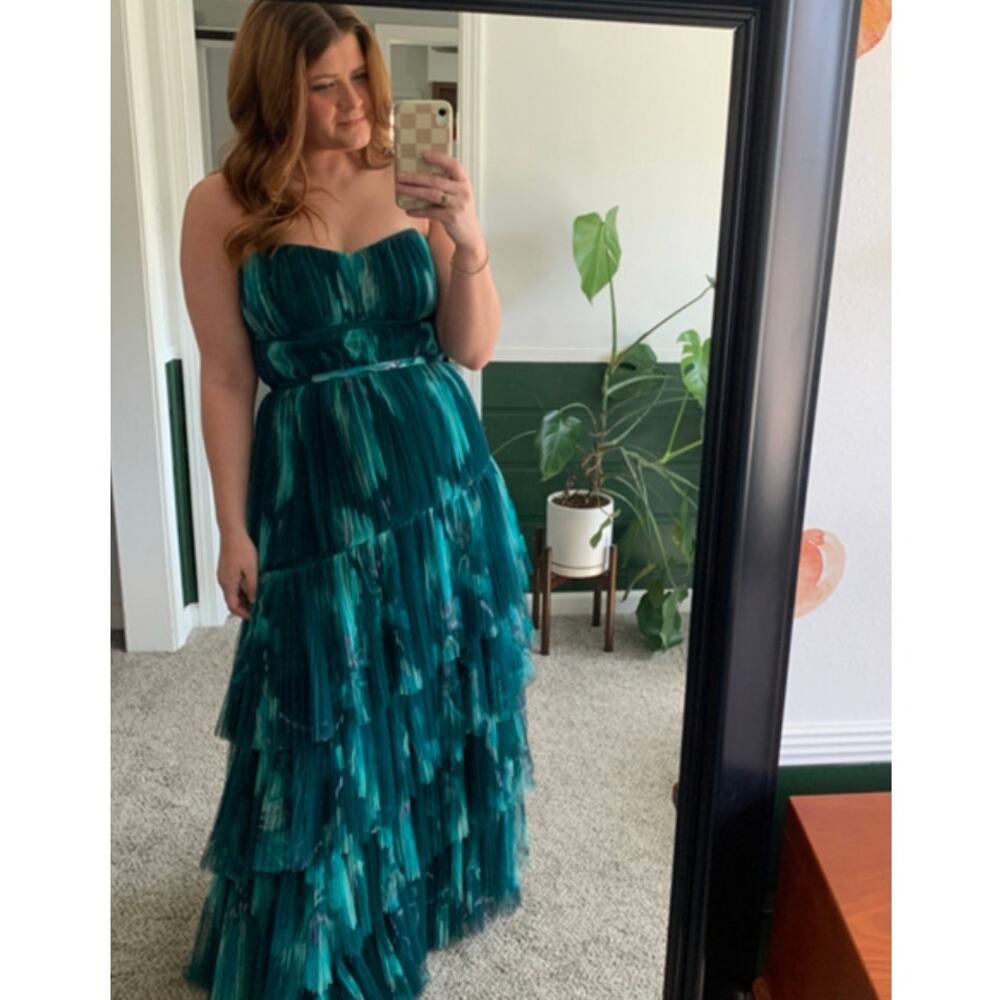 HUTCH Lanza Strapless Pleated Tulle Gown in Teal Size 4